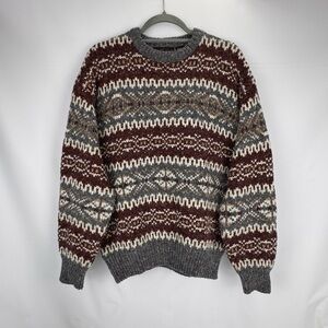 Vintage Fair Isle Nordic Gray Brown Wool Med Pullover Grandpa Sweater Geometric